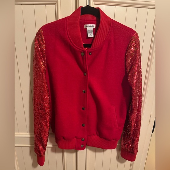 Better B Red Sequin Sleeve & Wool Bomber Jacket Size Large - Picture 7 of 10